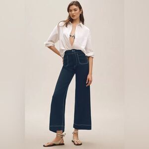 Anthropologie The Colette Contrast-Stitch Linen Crop Wide-Leg Pants size 32